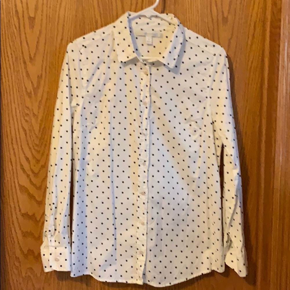 White with black polka dot button down